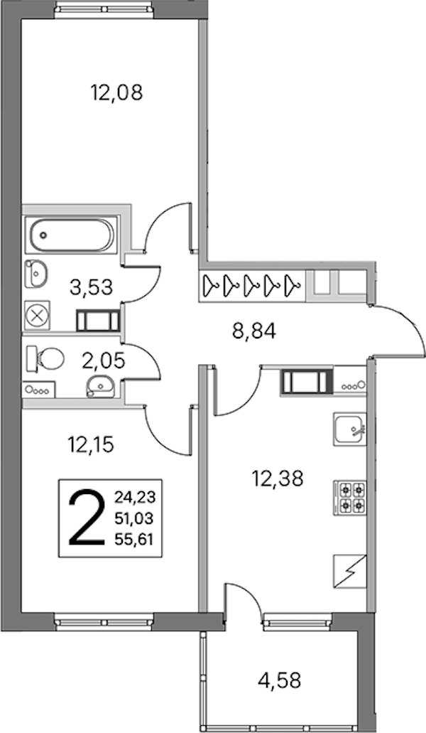2-комнатная квартира 51.03 м², 3/5 эт., ЖК «ЮгТаун. Олимпийские кварталы»